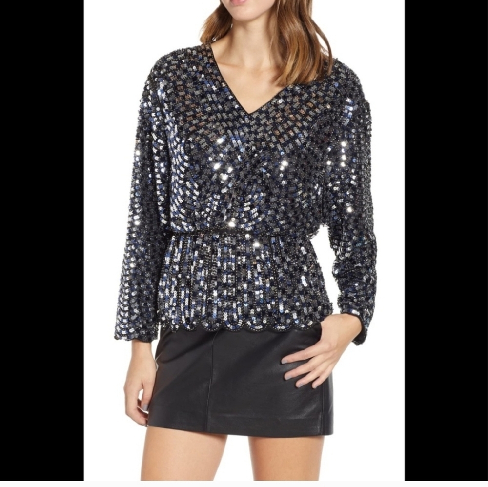Prima NWOT Sequin V-Neck Black, Blue and Silver Peplum Top